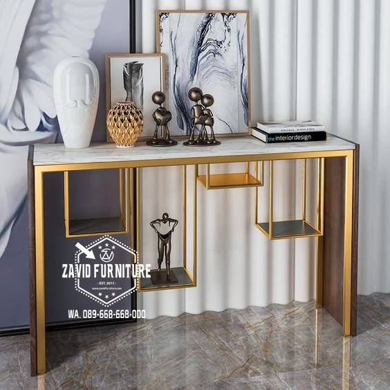 meja konsul marmer putih carrara stainless gold cantik variasi cantik