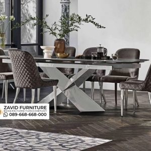 Custom Modern Meja Makan 6 Kursi Kaki Silang