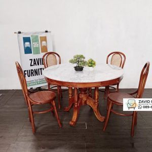 Meja Makan Marmer Kayu Jati Bulat 4 Kursi Meja Makan Marmer Kayu Jati Bulat 4 Kursi