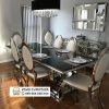Meja Makan Modern Marmer Hitam Kaki Stainless