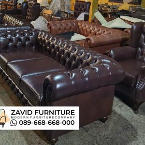 Kursi Tamu Sofa Kulit Asli Kombinasi Kayu Jati Mewah