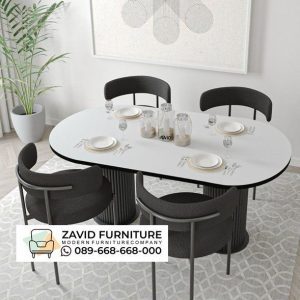 Meja Makan Marmer Oval 4 Kursi Lengkung