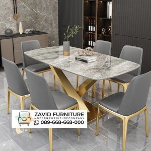 Meja Makan Set 6 Kursi Kaki Stainless Meja Makan Set 6 Kursi Kaki Stainless