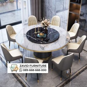 Meja Makan Marmer Bulat 8 Kursi