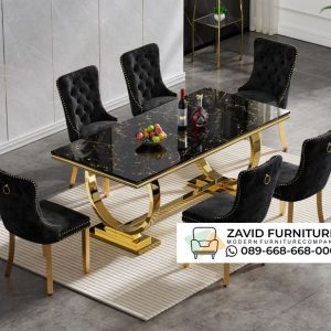 Meja Makan Stainless Marmer Hitam