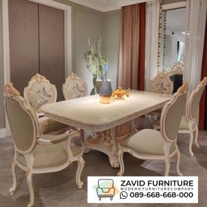 Meja Makan Marmer Mewah Kayu Jati Cat Duco