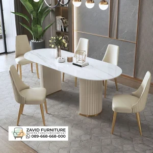 Meja Makan Marmer Oval Rangka Jati Solid