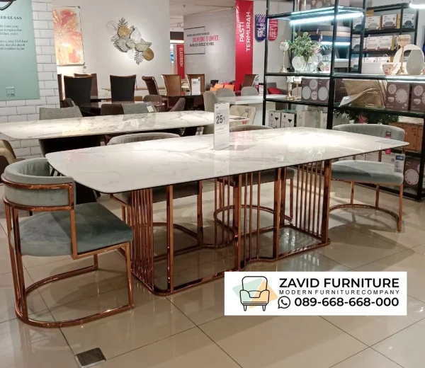 Meja Makan Marmer Putih 6 Kursi Stainless Gold Meja Makan Marmer Putih 6 Kursi Stainless Gold