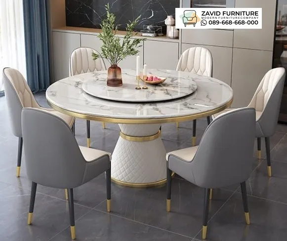 Meja Makan Bulat Putar Top Marmer
