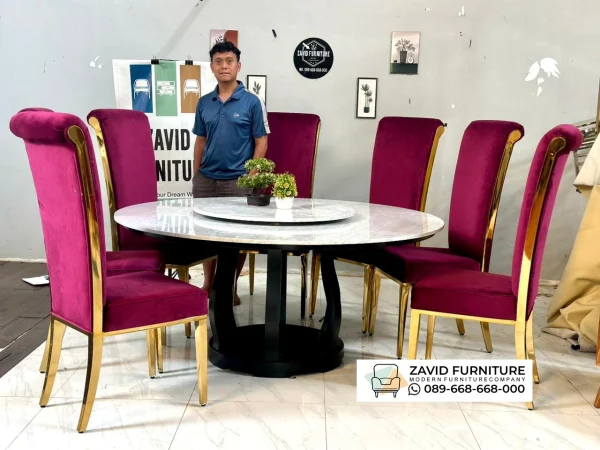 Meja Makan Marmer Bulat 8 Kursi Mewah Putar Meja Makan Marmer Bulat 8 Kursi Mewah Putar