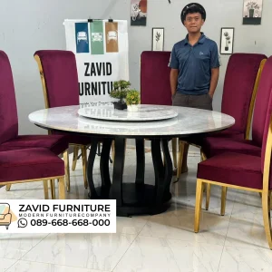 Meja Makan Marmer Bulat 8 Kursi Mewah Putar