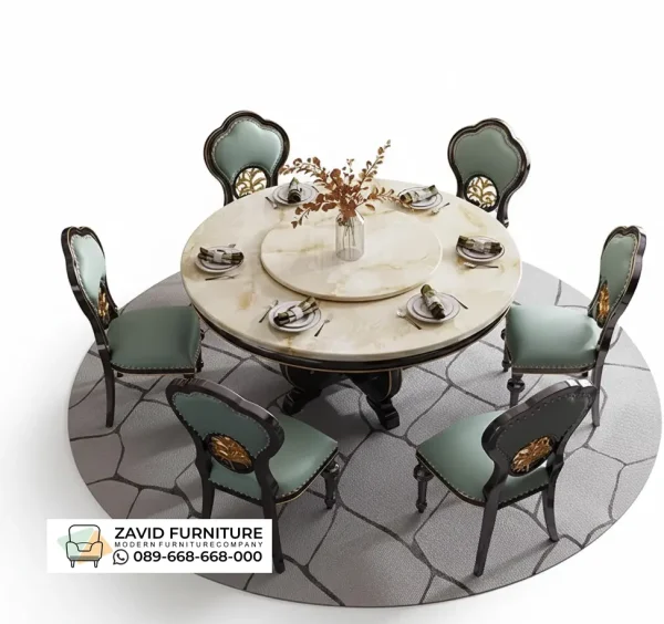 Meja Makan Marmer Bulat Putar 6 Kursi Meja Makan Marmer Bulat Putar 6 Kursi