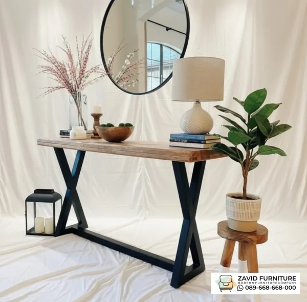 Meja Konsol Kayu Jati Kaki Besi