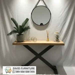 Meja Konsol Kayu Kaki Besi Silang