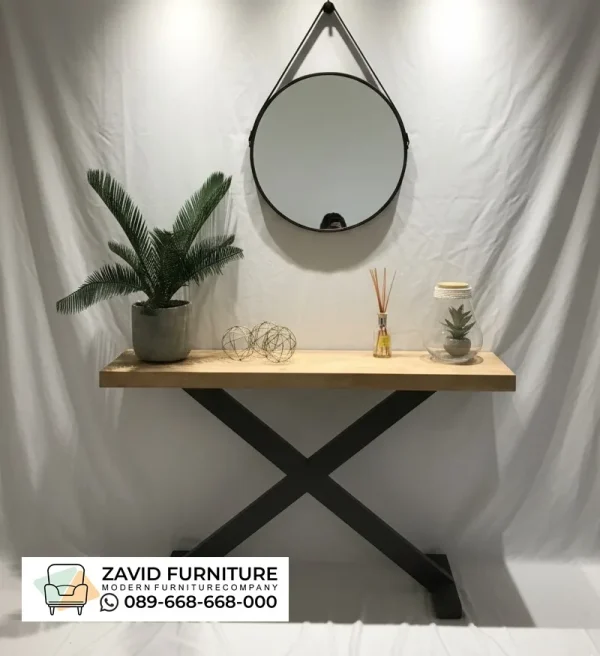 Meja Konsol Kayu Kaki Besi Silang