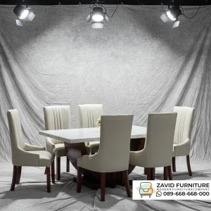 Meja Makan Marmer Kaki Kayu Lengkung