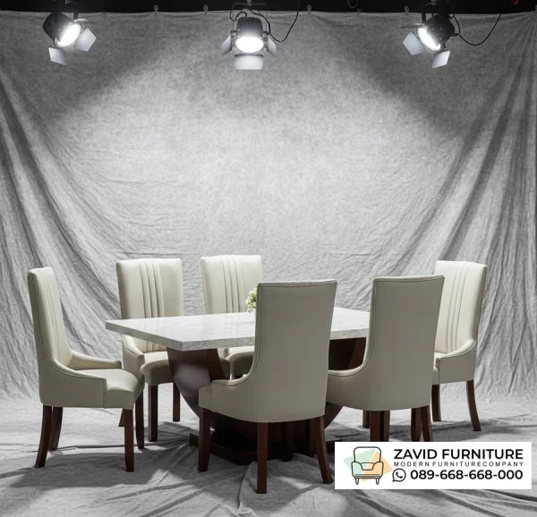 Meja Makan Marmer Kaki Kayu Lengkung