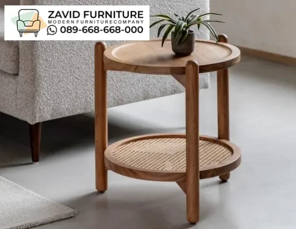 Meja Sudut Kayu Rotan Kombinasi Minimalis