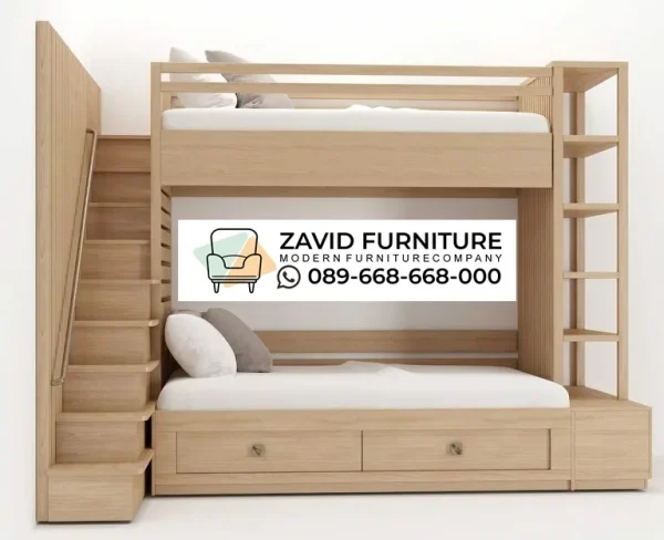 Tempat Tidur Tingkat Multifungsi Kayu Natural Tangga Laci