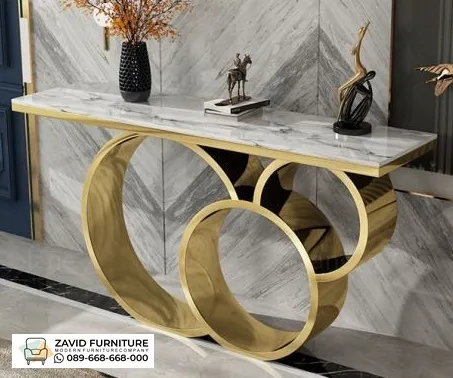 Meja Konsul Marmer Putih Kaki Bundar Stainless