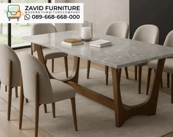 Meja Makan Marmer Abu Kaki Kayu Geometris Meja Makan Marmer Abu Kaki Kayu Geometris