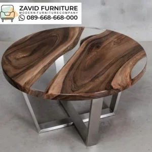 Meja Resin Bulat Minimalis Kaki Stainless 