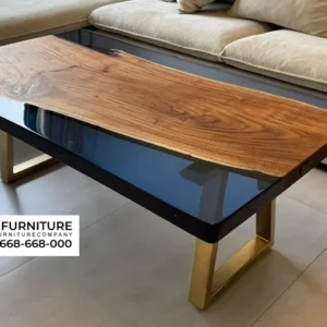 Meja Tamu Resin Epoxy Kayu Jati Kaki Gold