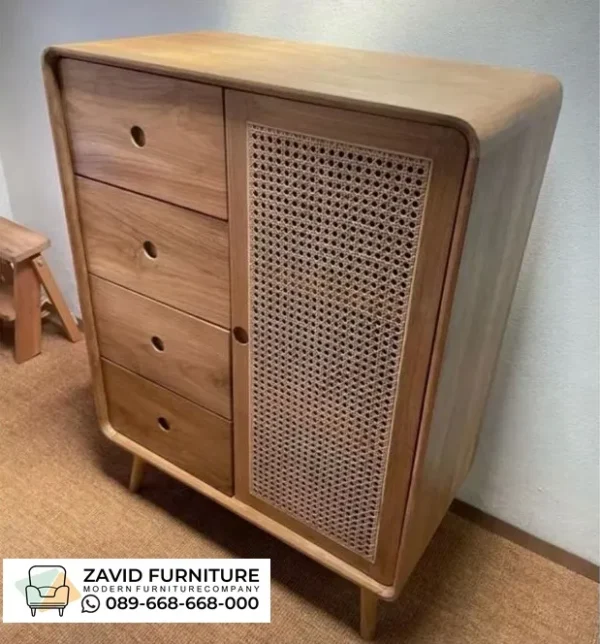 Kabinet Kayu Jati Modern Kombinasi Rotan