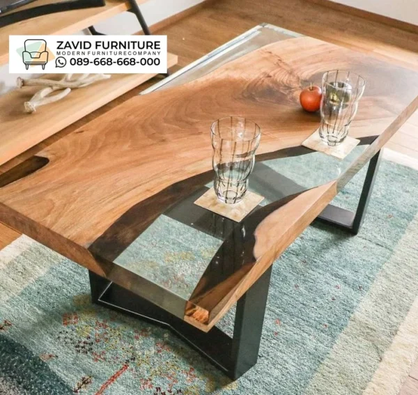 Meja Resin Transparan Industrial Kaki Besi