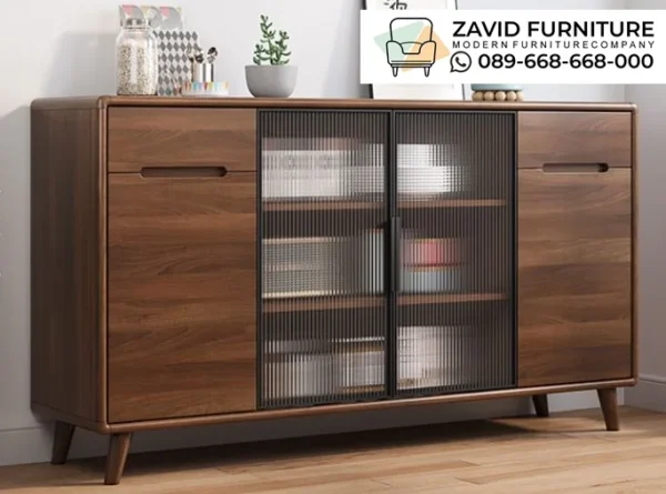 Kabinet Kaca Bergaris Kayu Solid Walnut