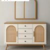 Credenza Minimalis Jati Aksen Rotan Alami
