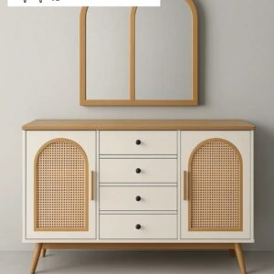 Credenza Minimalis Jati Aksen Rotan Alami