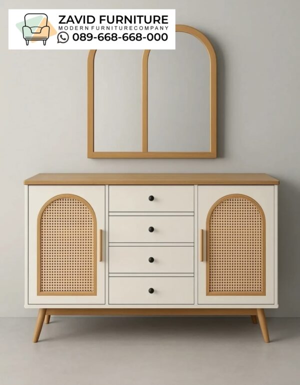 Credenza Minimalis Jati Aksen Rotan Alami