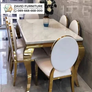 Set Meja Makan Marmer Kursi Stainless Gold