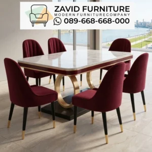 MEJA MARMER MERAH ZAVID Meja Makan Marmer Mewah Bekasi Dengan Kursi Material Velvet
