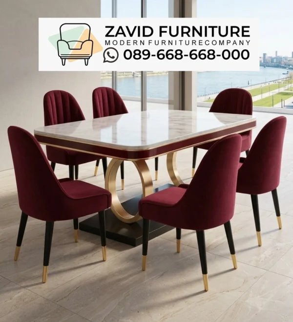 MEJA MARMER MERAH ZAVID Meja Makan Marmer Mewah Bekasi Dengan Kursi Material Velvet