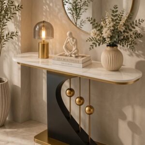 Meja Konsol Marmer Desain Lengkung Geometric & Aksen Bola Gold Meja Konsol Marmer Desain Geometric dan Aksen Bola Gold