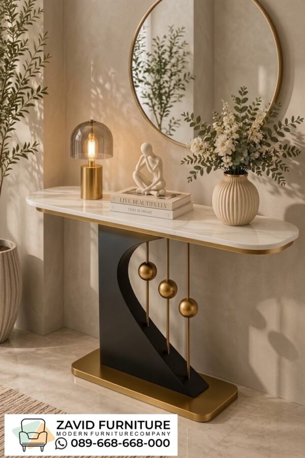 Meja Konsol Marmer Desain Lengkung Geometric & Aksen Bola Gold Meja Konsol Marmer Desain Geometric dan Aksen Bola Gold